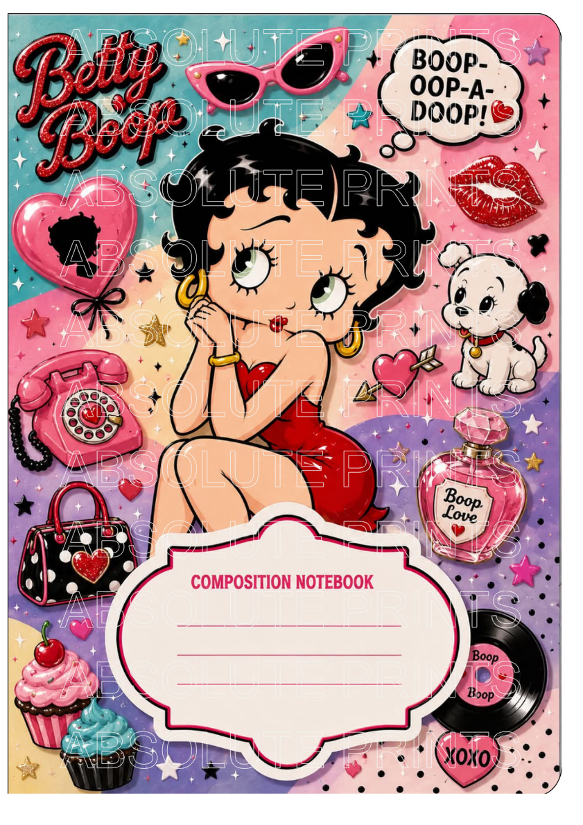 Betty Boop notebook cover featuring retro cartoon graphics, pink hearts, and iconic pop art elements.