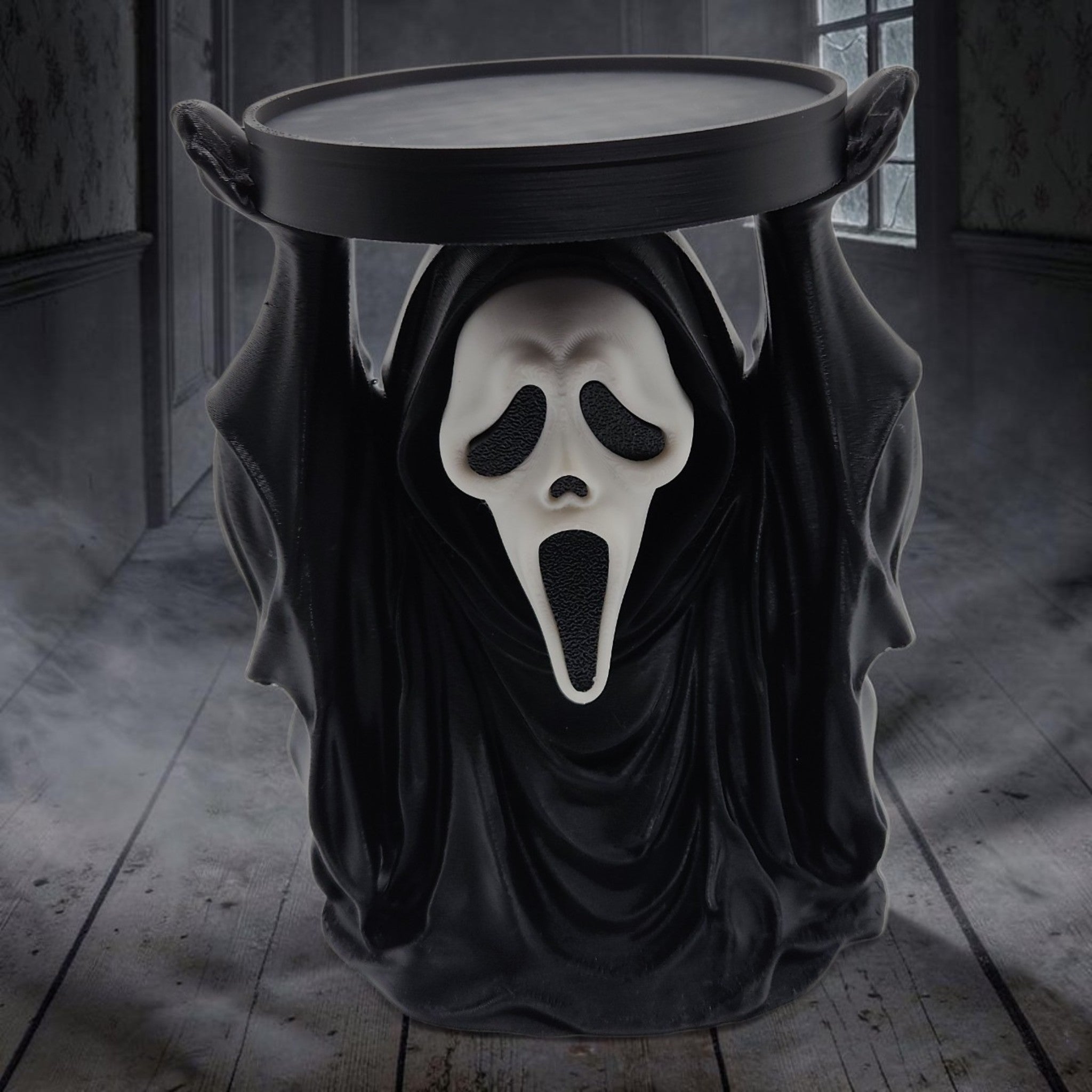 Absolute Prints ghost character tabletop tray stand with a black robe and white mask for horror-themed home decor.