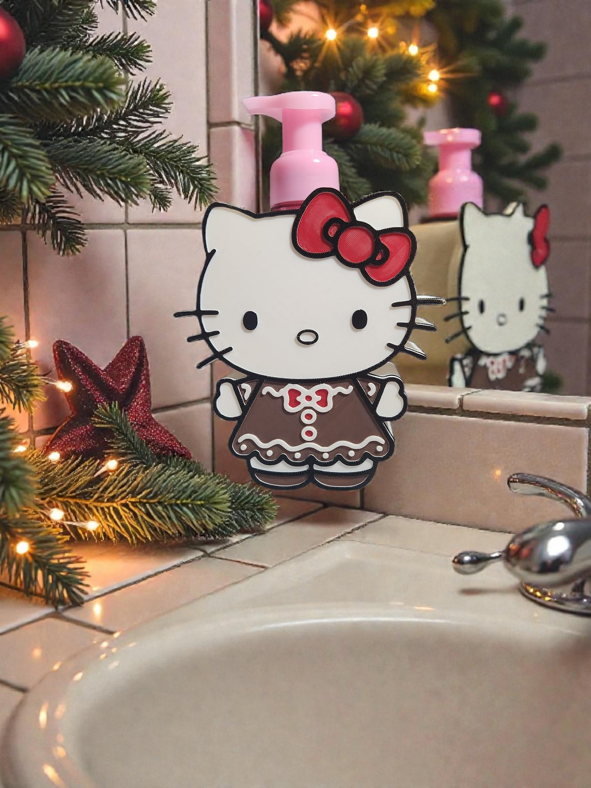 Absolute Prints Hello Kitty gingerbread soap dispenser with a pink pump, styled on a bathroom vanity for the holidays.
